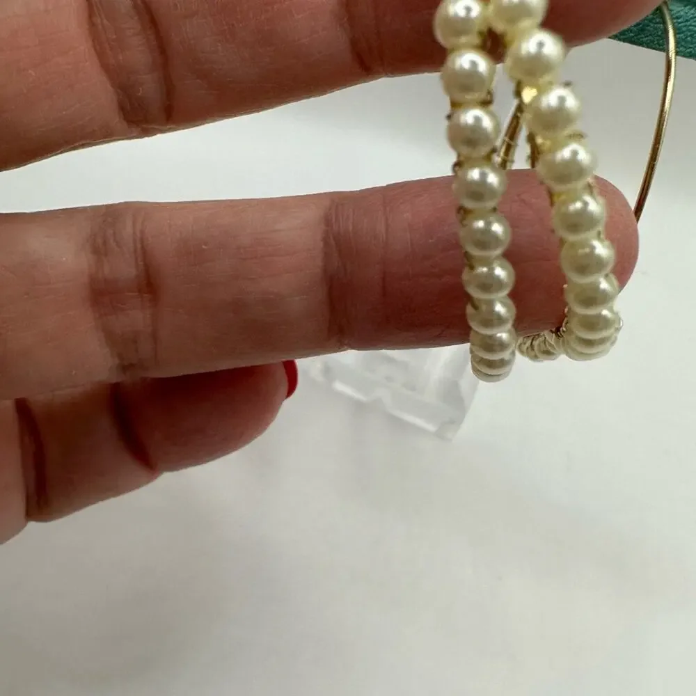 Everri Statement Pearl Gold tone Drop Hoop Earrings NWT